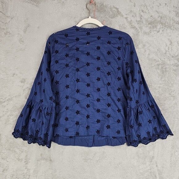 J. Crew Eyelet Lace Top Womens 2 Blue 3/4 Flared Sleeve Ruffled Button Pleated - Picture 8 of 8